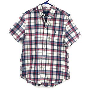 Ralph Lauren Size Large Boys Button-up Short-Sleeved Shirt White Red Blue Plaid‎